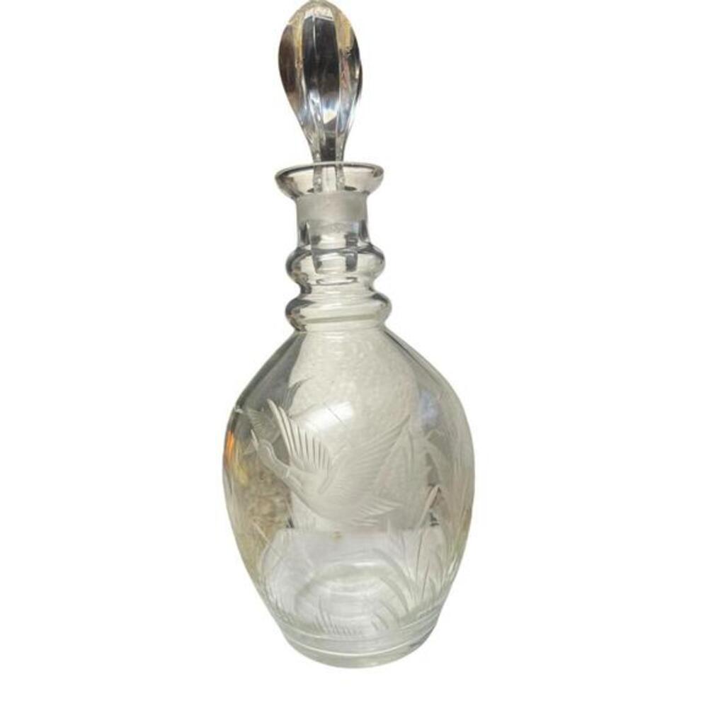 Decanter  Copper Wheel Engraved Crystal Glass Decanter With Ducks Cattails And T
